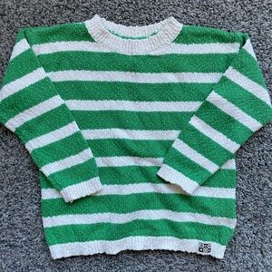 Bonton 100% Cotton Crewneck Sweater in Green and Cream Stripes sz4